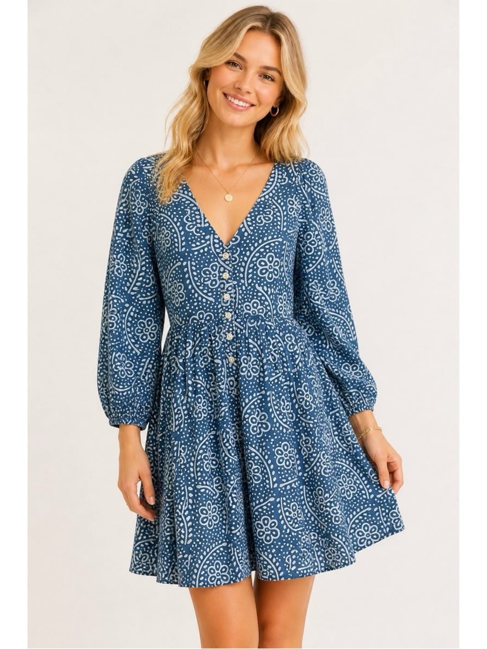 Madewell Blue Indigo Floral Block Print Mini Dress Cottagecore Boho Size Small